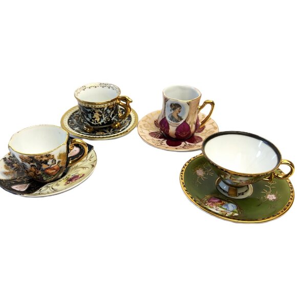 Japanese Vintage Set of 4 Hand Painted Demitasse Porcelain Teacups Saucers #6912 - Picture 3 of 15